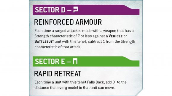 Warhammer 40k 9th edition Tau codex sept rules reveal - Warhammer Community graphic showing the new custom sept rules Reinforced Armour and Rapid Retreat