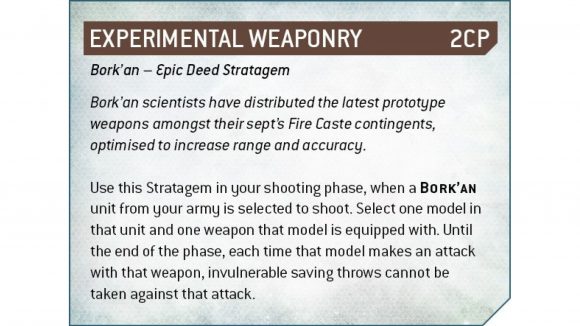 Warhammer 40k 9th edition Tau codex sept rules reveal - Warhammer Community graphic showing the new Experimental Weaponry stratagem for Bork'an