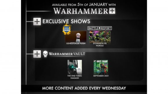 Warhammer Plus free models teased in 2022 trailer - Warhammer Community graphic showing the new content coming to Warhammer Plus on January 5, 2022
