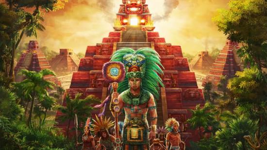 Ahau Rulers of Yucatan boxart showing Maya people in front of a temple.