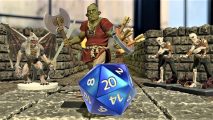 D&D Mirrorscape Augmented Reality platform and accessibility for players - Author photo showing an AR screenshot featuring an Orc, skeletons, and a D20 die