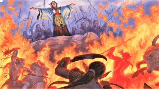 D&D 5E multiclassing guide - Wizards of the Coast artwork showing a Wizard casting a powerful fire spell on many enemies
