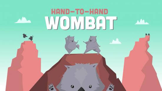 Artwork from Hand-to-hand Wombat, a new game by Exploding Kittens, showing wombats fighting on mountaintops