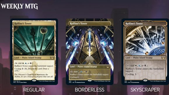 Streets of New Capenna Guide: MTG spoilers for streets of new capenna showing three versions of the triome Raffine's Tower