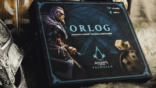 A boxed Orlog dice game laid out majestically.
