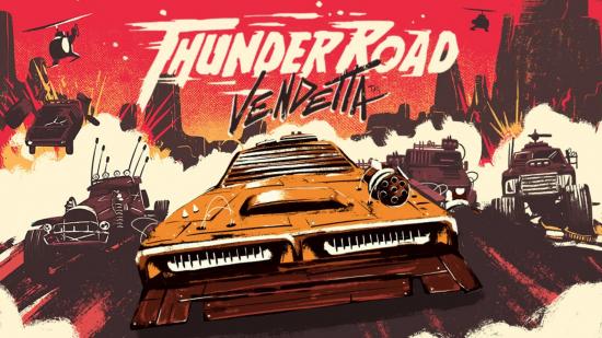 Thunder Road: Vendetta Kickstarter artwork, depicting post-apocalyptic cars racing.