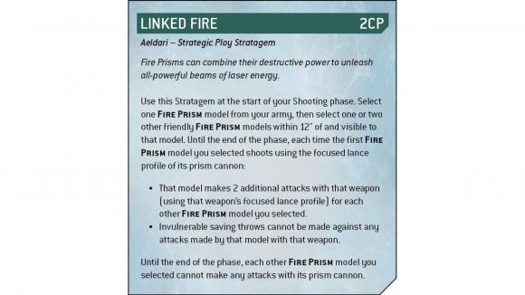 Warhammer 40k Eldar fire prism rules reveal - Warhammer community graphic showing the new Linked Fire stratagem rules