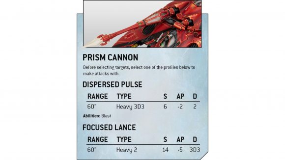 Warhammer 40k Eldar fire prism rules reveal - Warhammer community graphic showing the new Prism Cannon weapon stats