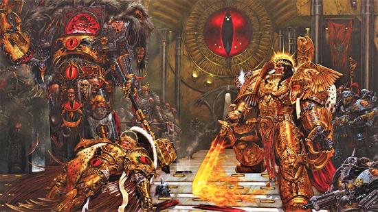 Warhammer 40k Games Workshop jobs Head Writer - classic Warhammer Community artwork showing the Emperor and Horus Lupercal aboard the Vengeful Spirit during the Horus Heresy