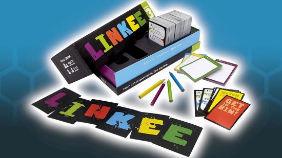 Best trivia board games guide - sales photo for Linkee, showing the box, cards, pads, and pencils