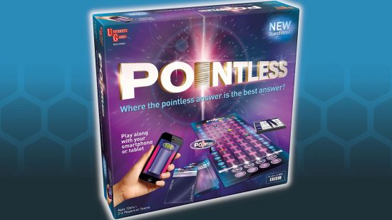 Best trivia board games guide - sales photo for the official Pointless board game, showing the box art and logo