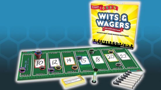 Best trivia board games guide - sales photo for Wits and Wagers showing the box, board, timer, and other components