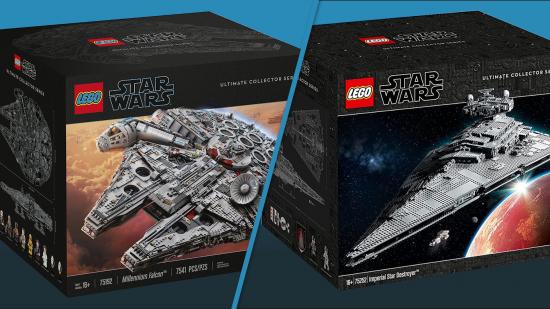 Most expensive LEGO sets - Millennium Falcon and Imperial Star Destroyer boxes on blue background