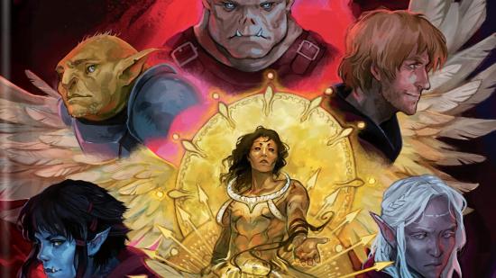 Critical Role's DnD: Call of the Netherdeep cover art, featuring portraits of five characters around a woman with a glowing aura, they are all different DnD races.