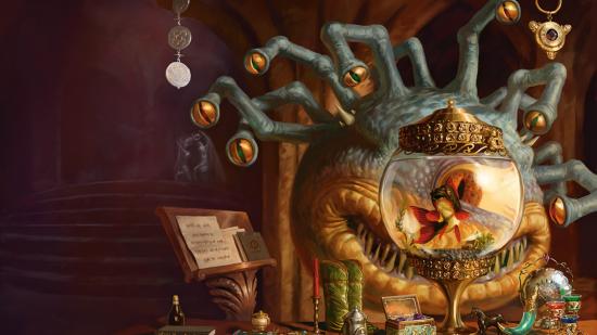 Dnd Spelljammer relaunch hinted at: An image of a beholder looking at a fish in a bowl.