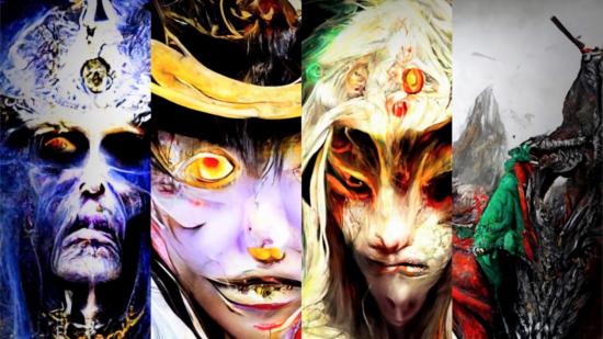 Magic The Gathering AI Set Spiral Chaos: the faces of four commanders for Spiral Chaos- art generated by AI.