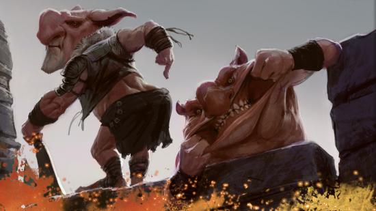 Magic: the Gathering artwork of two goblins atop a castle rampart pulling faces and mocking an unseen foe.