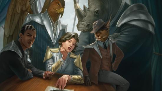 Magic: The Gathering Reserved List - a group of humans and humanoid animals perched smugly around a desk with a piece of paper on it.