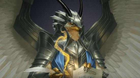 Magic: The Gathering Streets of New Capenna Commander Deck Supply issues: A demonic bird person lawyer signing documents with a feather-topped pen.