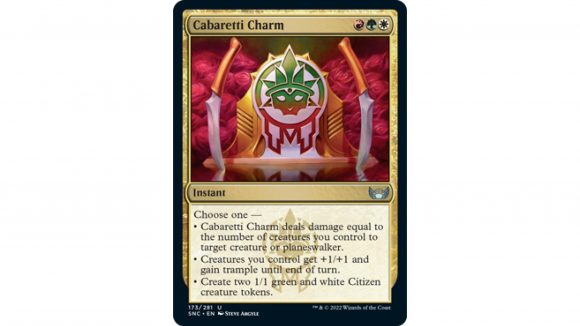 Magic the Gathering Streets of New Capenna release date spoilers: the MTG card Cabaretti Charm in its original art style.