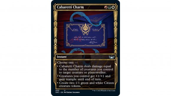 Magic the Gathering Streets of New Capenna release date spoilers: the MTG card Cabaretti Charm with an alternate art style.