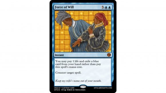 Magic the Gathering Will Smith Oscars slap: A proxy of the MTG card force of will with original artwork of will smith slapping chris rock at the Oscars replacing the card art.