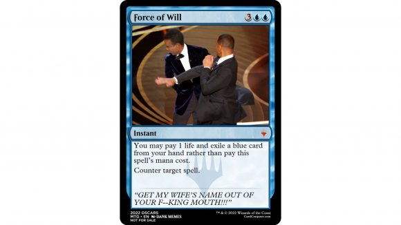 Magic the Gathering Will Smith Oscars slap: A proxy of the MTG card force of will with a photograph of will smith slapping chris rock at the Oscars replacing the card art.