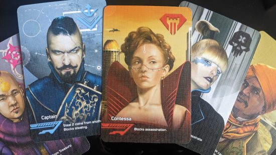 Cards from Coup, one of the best social deduction games