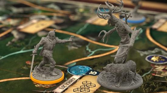 An image of a witcher fighting a lesshen in The Witcher Old World board game
