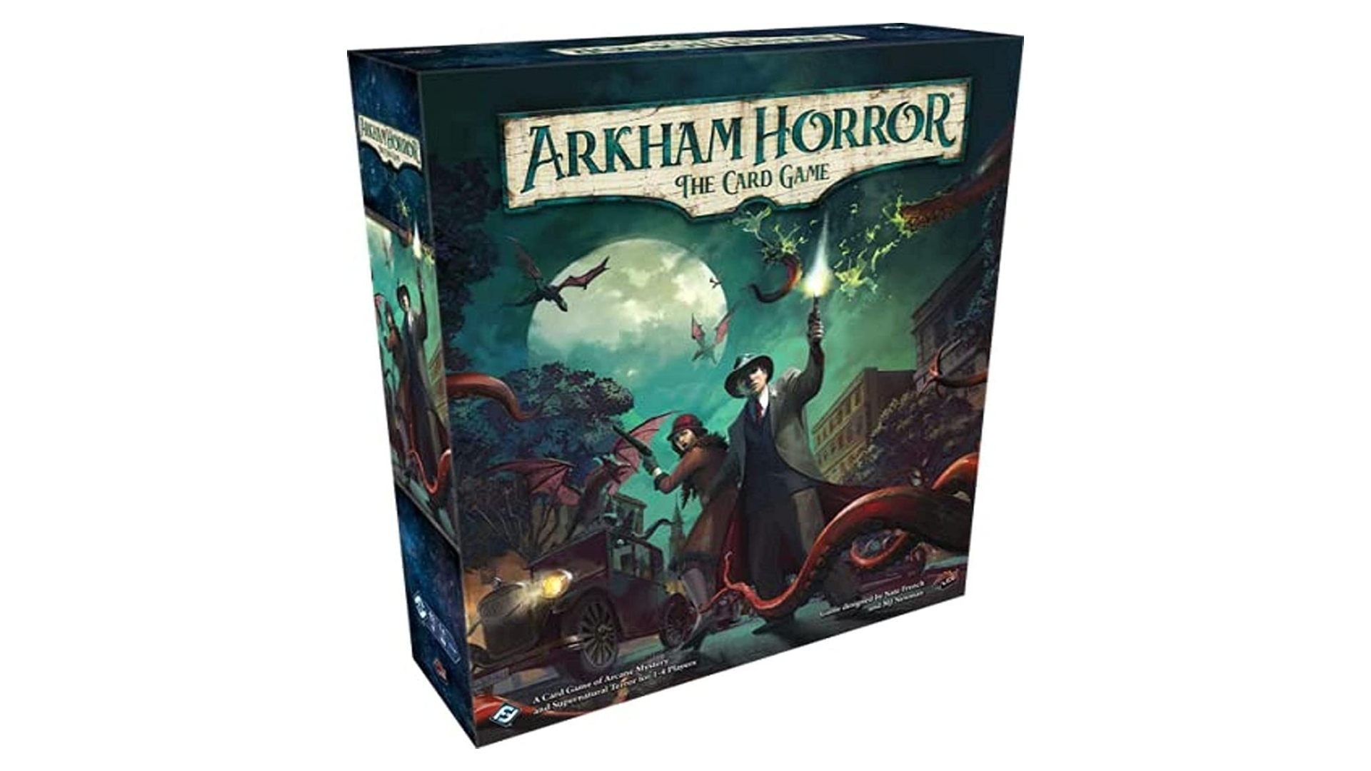 Two player card game, Arkham Horror, boxed on a white background. It's box art shows 1920s style detectives.