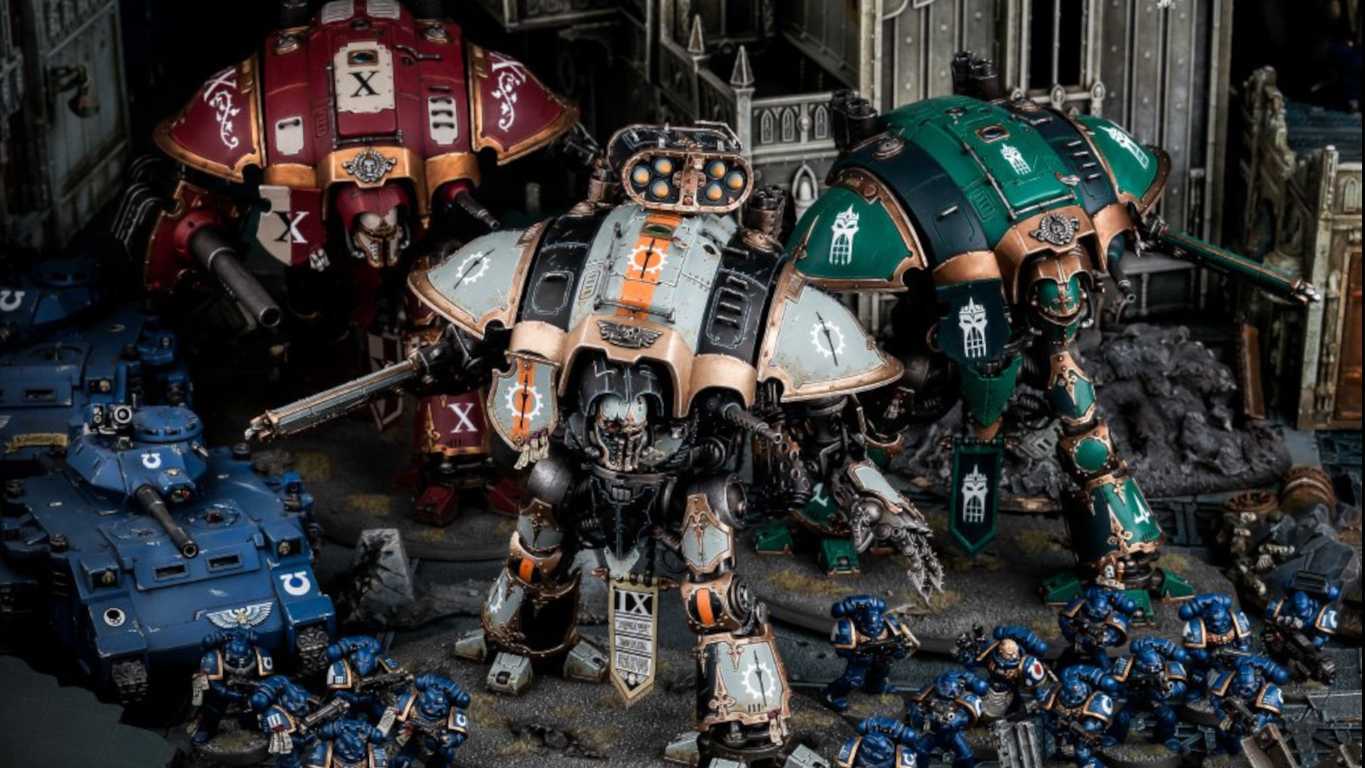 Warhammer 40k Imperial Knights army guide - Games Workshop photo of multiple Freeblade Imperial Knights models