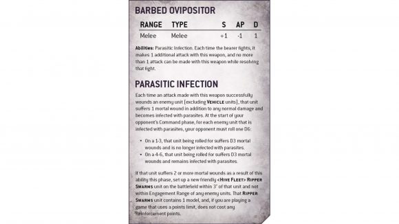 Warhammer 40k Tyranids Parasite of Mortrex model - Warhammer Community graphic showing the Parasite of Mortrex's barbed ovipositor weapon rules, and Parasitic Infection rules