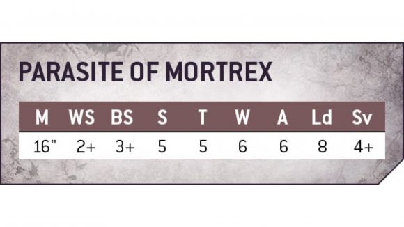 Warhammer 40k Tyranids Parasite of Mortrex model - Warhammer Community graphic showing the Parasite of Mortrex's stat line for Warhammer 40k games