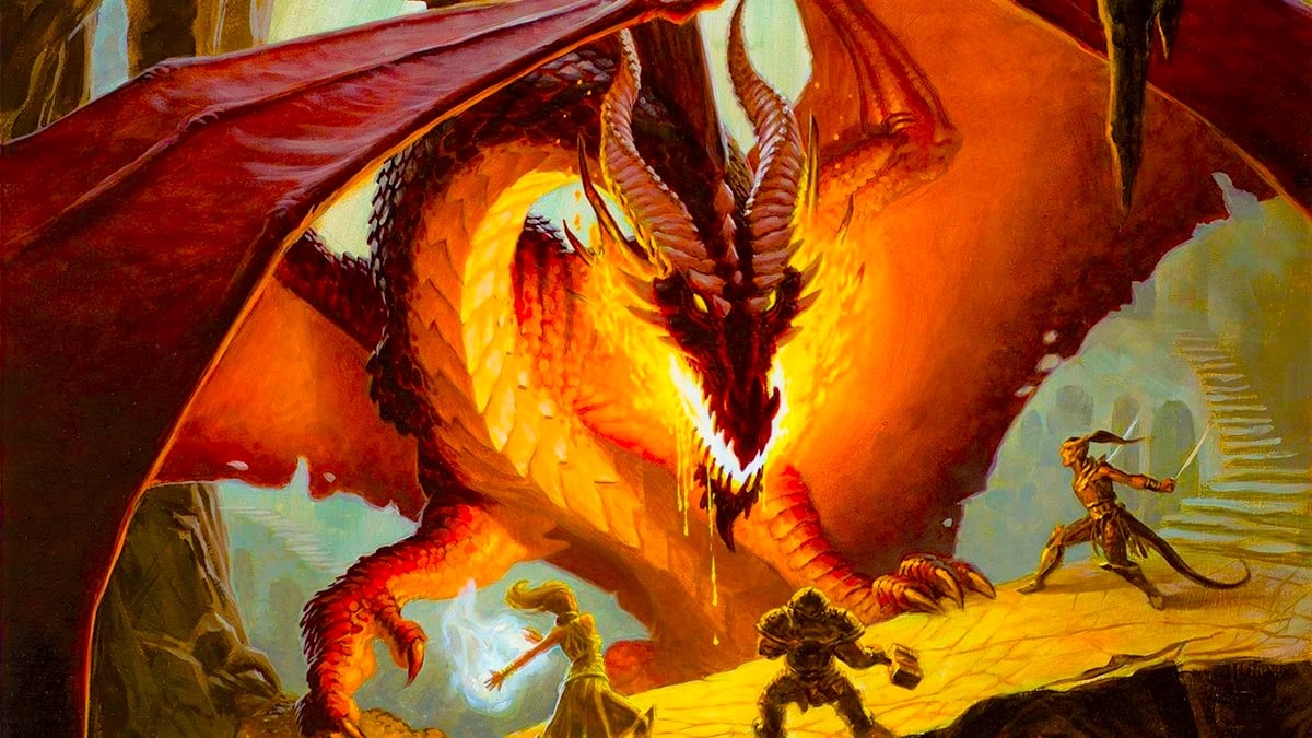DnD Blood Hunter 5E - party fights red dragon (art by Wizards of the Coast)