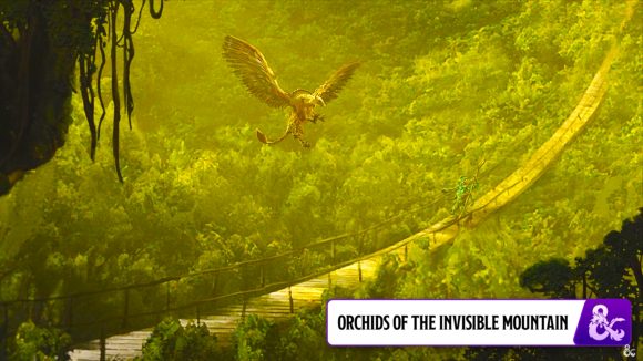 DnD Journeys Through the Radiant Citadel, Orchids of the Invisible Mountain - a humanoid on a bridge in the rainforest with a flying creature overhead