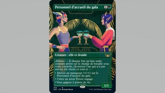 MTG Streets of New Capenna box topper green card with two women toasting