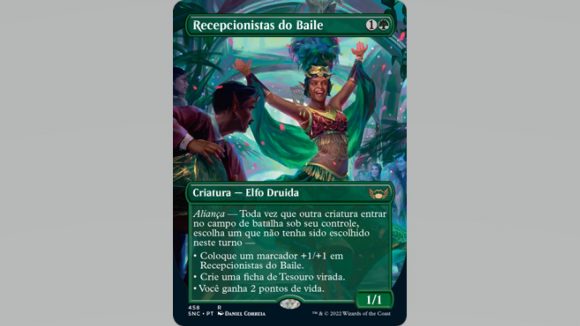 MTG Streets of New Capenna box topper green card with bikini and headdress dancer