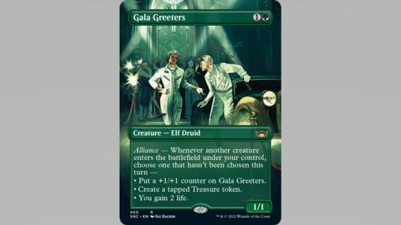 MTG Streets of New Capenna box topper green card with greeter helping somoene out of a vintage style car