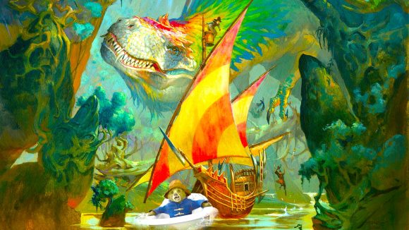 Magic the Gathering, Colossal Dreadmaw card - Paddington Bear escapes dragon in boat