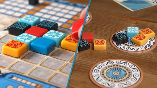 Azul images spliced together - the first shows tiles on the main game board, the second shows tiles on the factory spaces.