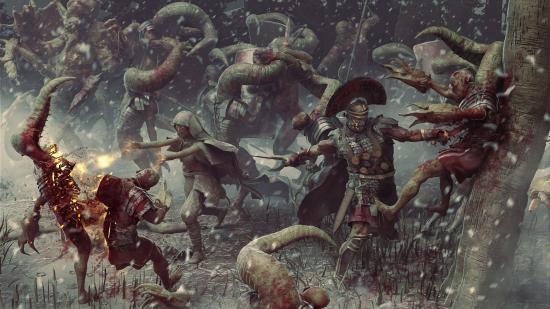 Cohors Cthulhu release date - Modiphius key art illustration showing a Roman soldier battling mutants