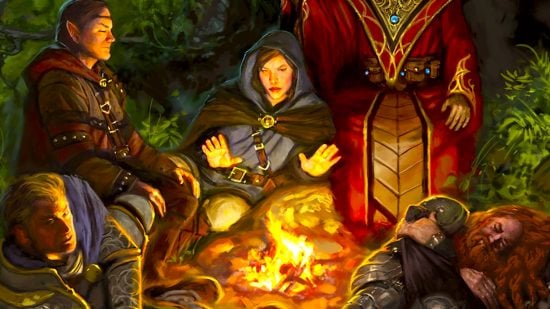 DnD alignments 5e - Wizards of the Coast art of a party resting around a campfire