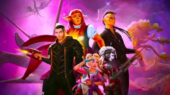 DnD Legends of the Multiverse - character art, party of five adventurers on purple space background
