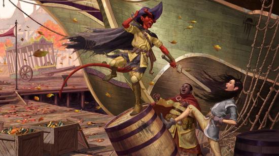 dnd roleplay: three children playing. One, a tiefling, stands on a barrell, waving a wooden sword.