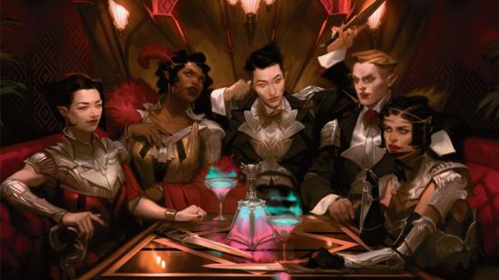 Magic The Gathering Gavin Verhey Streets of New Capenna deck interview: artwork of a group of assassins drinking in a lounge.