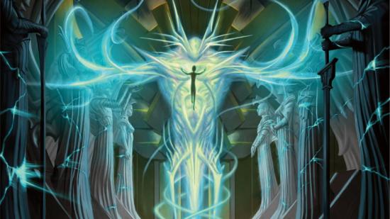 Magic: The Gathering Infinite Combos Streets of New Capenna: Artwork of a figure in the centre of a monster made of light, surrounded by large statues.