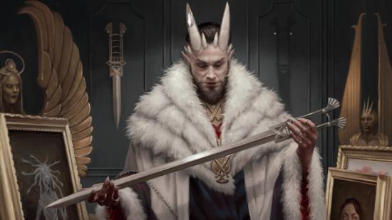 Magic the Gathering price increase: A demon in furs examining a sword.