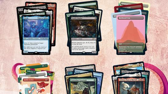 Magic the Gathering secret lair superdrop April 2022: A set of six Magic the Gathering secret lairs with illustrated tentacles grasping them.