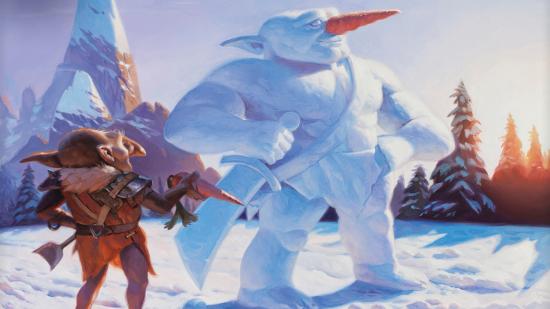 Magic: The Gathering snow lands - artwork of an mtg goblin building a goblin snowman