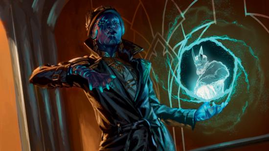 Magic: The Gathering Streets of New Capenna ARG: Artwork of a squid person in a trenchcoat spying on a demon through a magical window.
